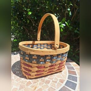 Wooden Wicker Basket Vintage American Flag Boho Farmhouse 4th of Jul